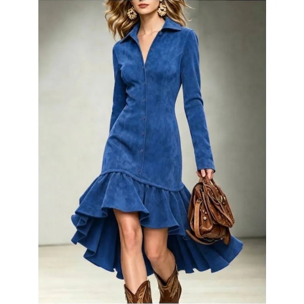 Woman in blue faux suede mermaid dress with turn-down collar, front view