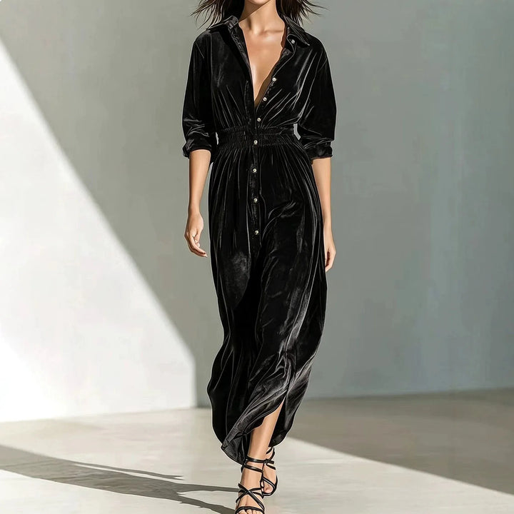 Black velvet shirt dress with smocked waist, front view