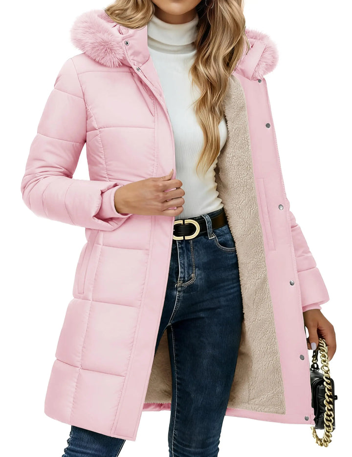 Pink quilted puffer coat with faux fur hood, close up front view