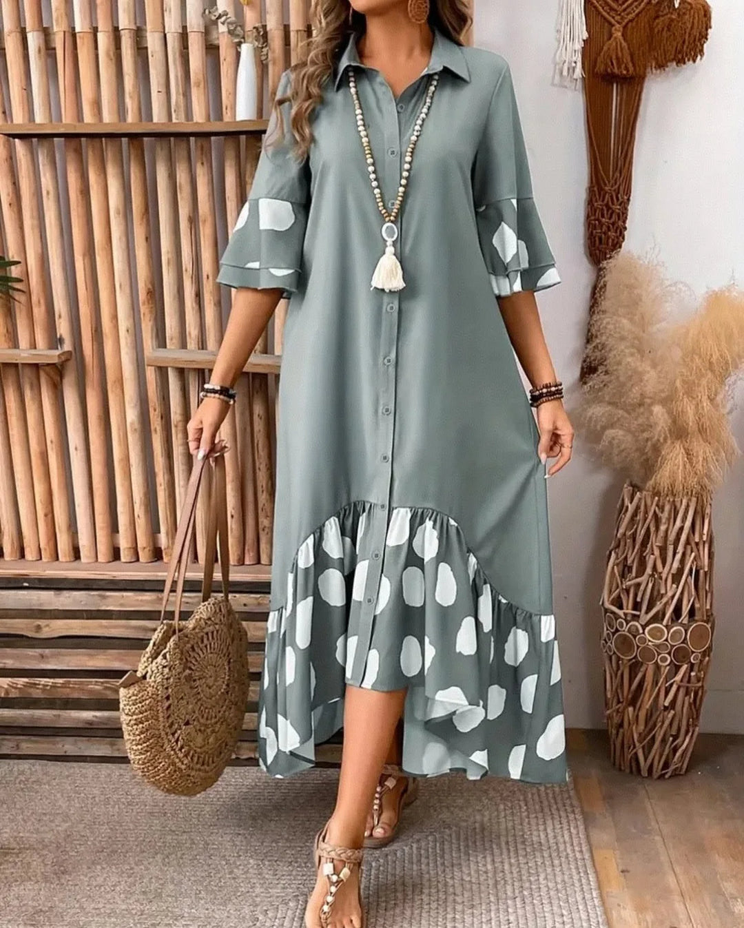 Nerea Elegant Chic Polka Midi Dress