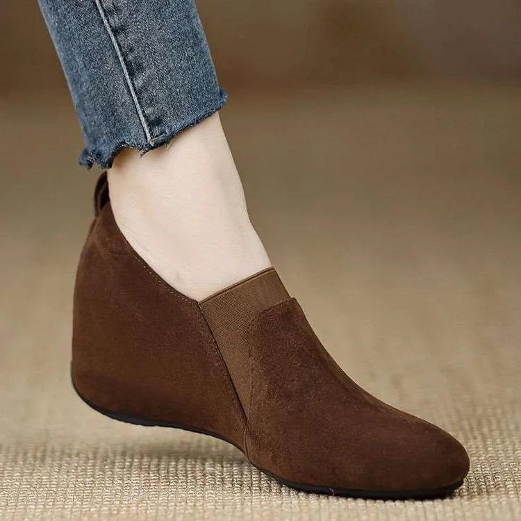 Brown suede wedge bootie close side profile view