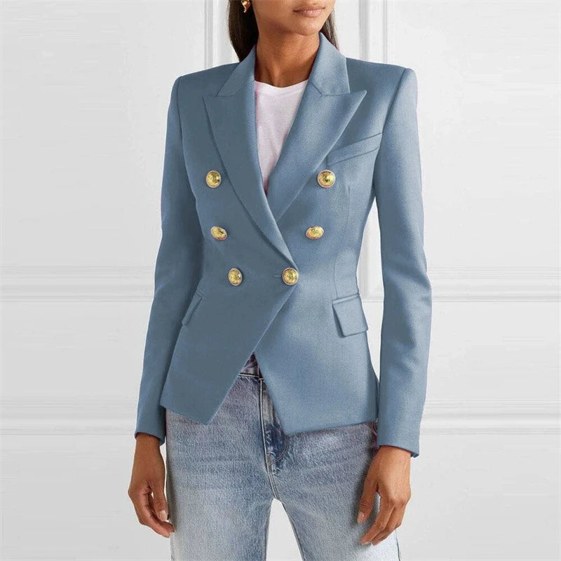 Slate blue double-breasted blazer with gold buttons