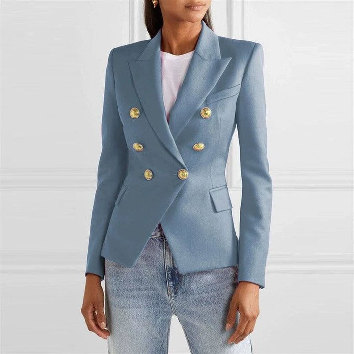 Slate blue double-breasted blazer with gold buttons