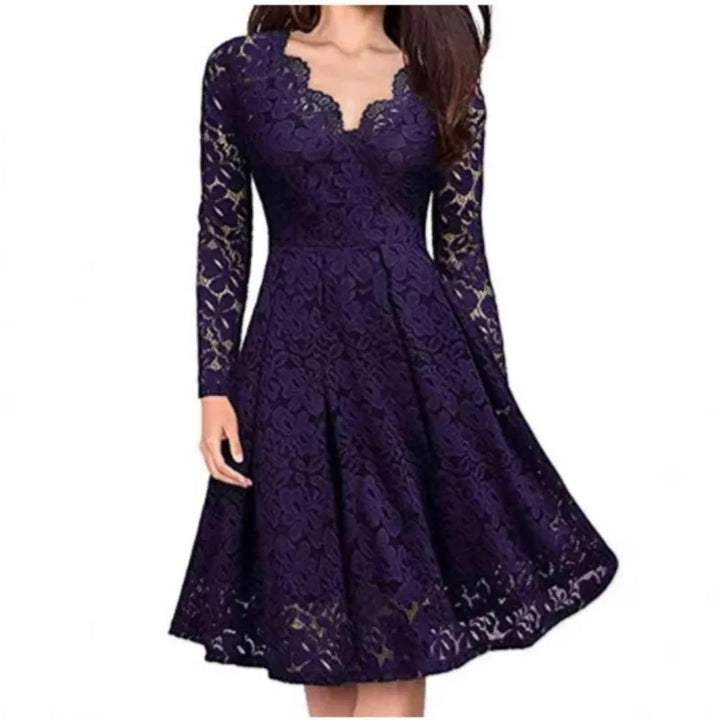 Purple lace A-line dress, front view