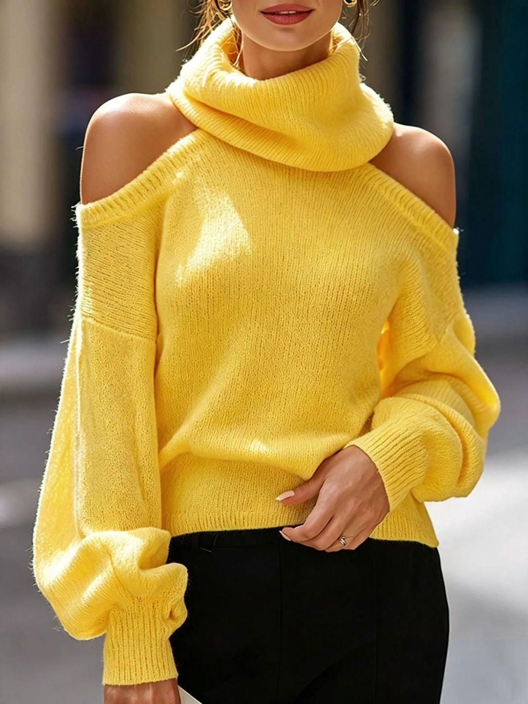 Yellow cold shoulder turtleneck sweater front view