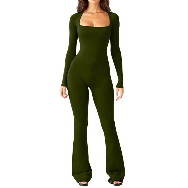 Army green square neck fitted jumpsuit with flared wide leg pants, front view