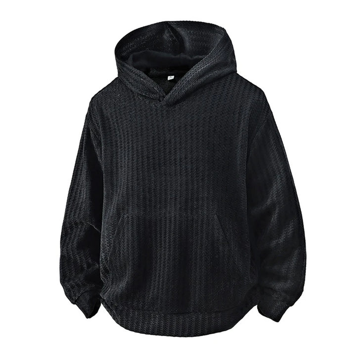 Black ribbed textured pullover hoodie, front view