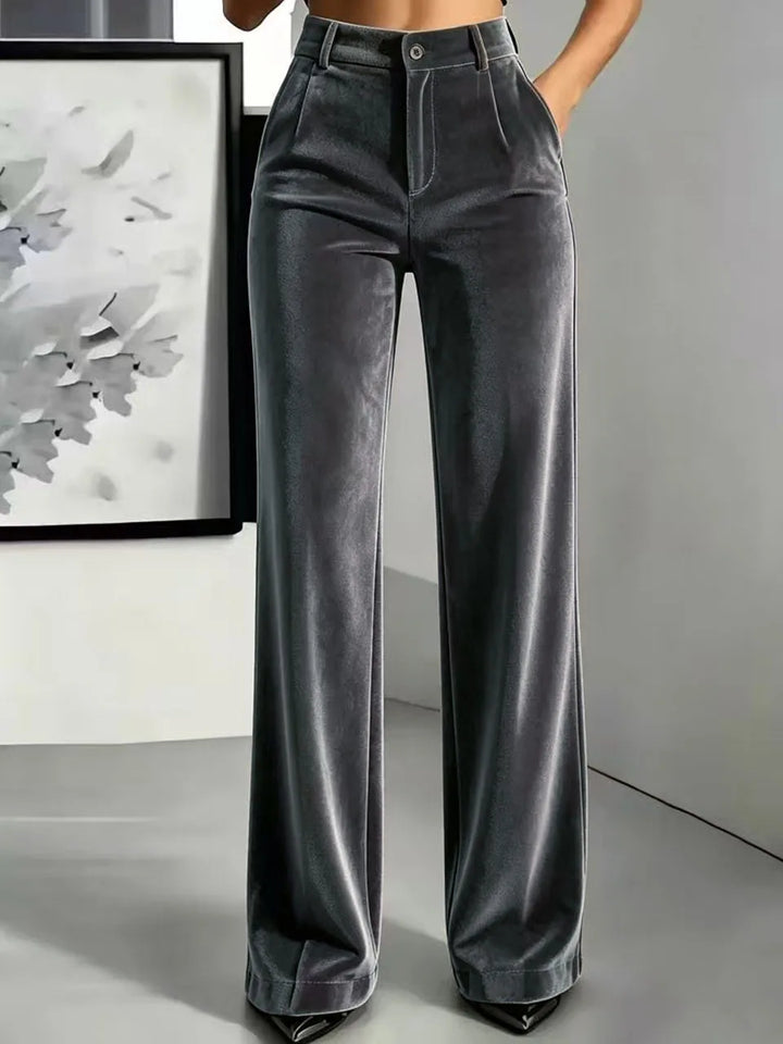 Dark grey velvet high waist wide leg pants front view