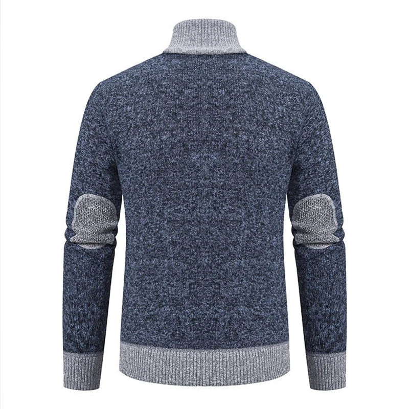 Navy zip-up knit cardigan, back view showing elbow patches