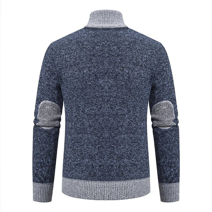 Navy zip-up knit cardigan, back view showing elbow patches