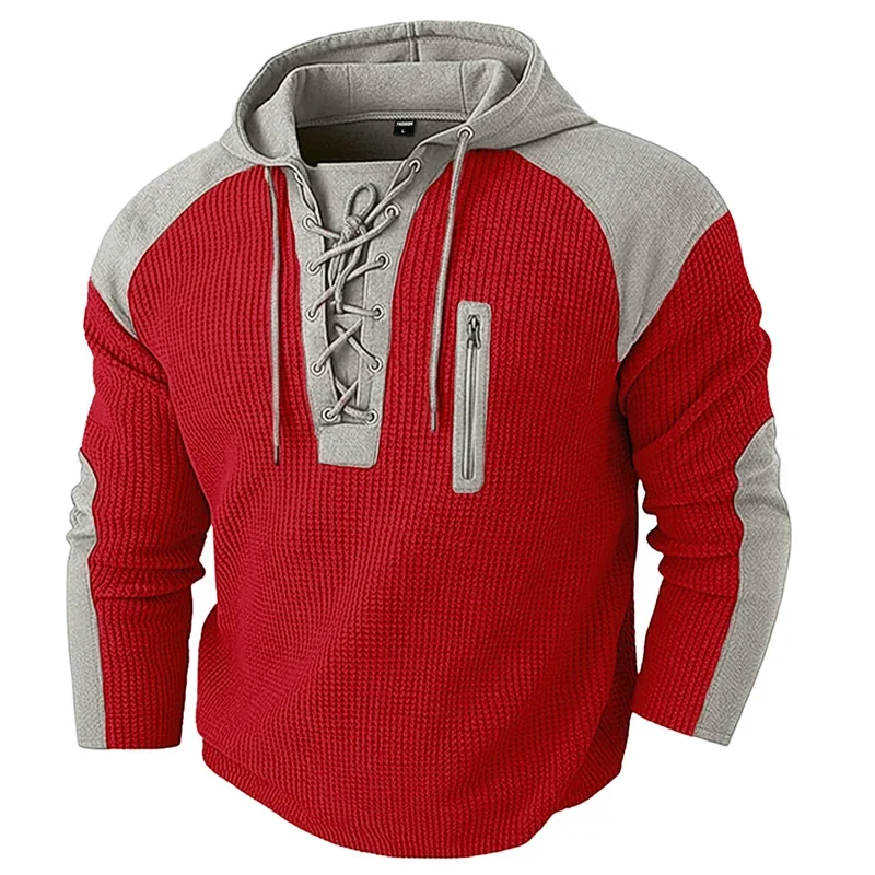 Wine red waffle knit hoodie with grey raglan sleeves