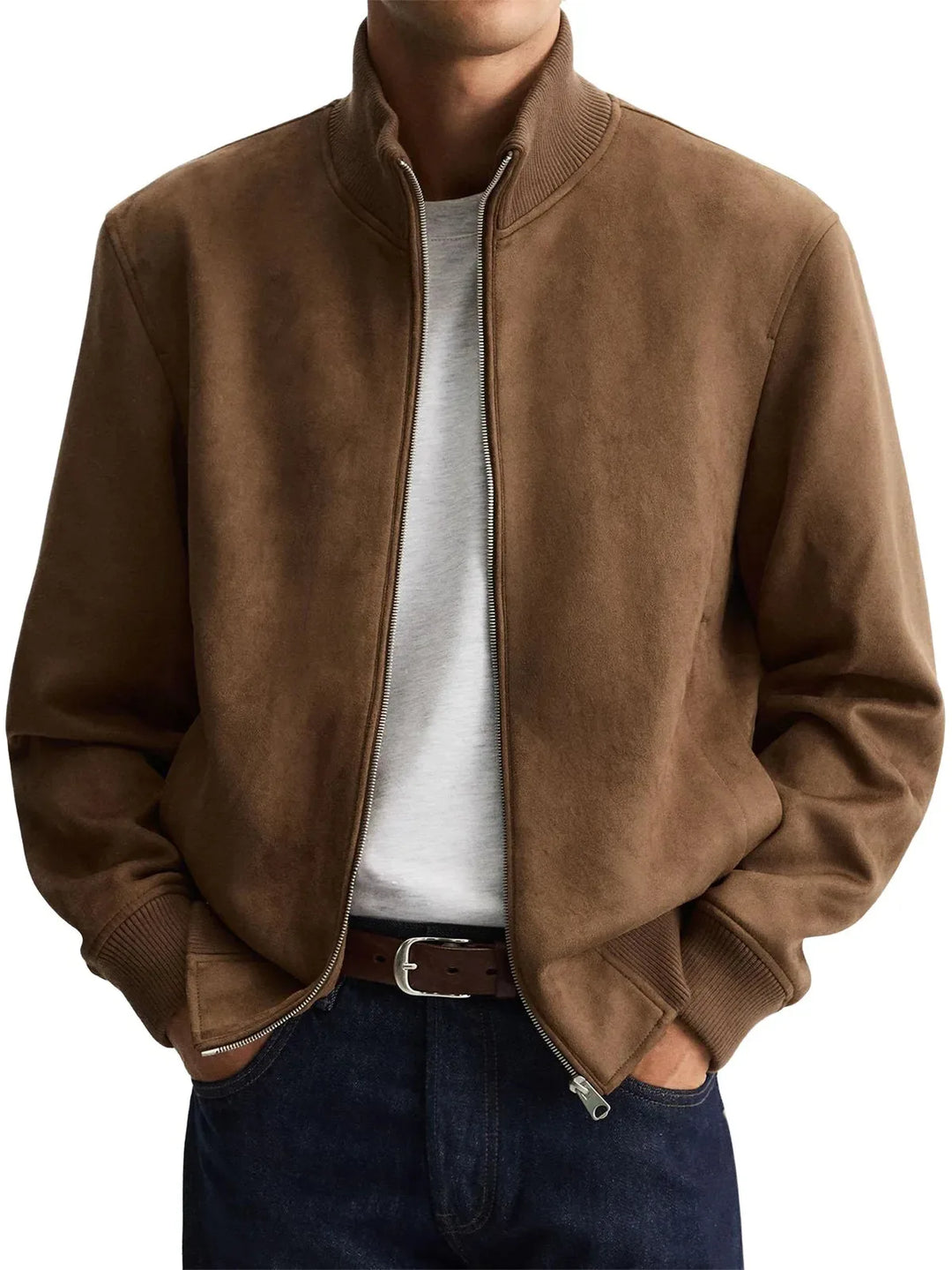 Man wearing brown suede-look bomber jacket with ribbed collar