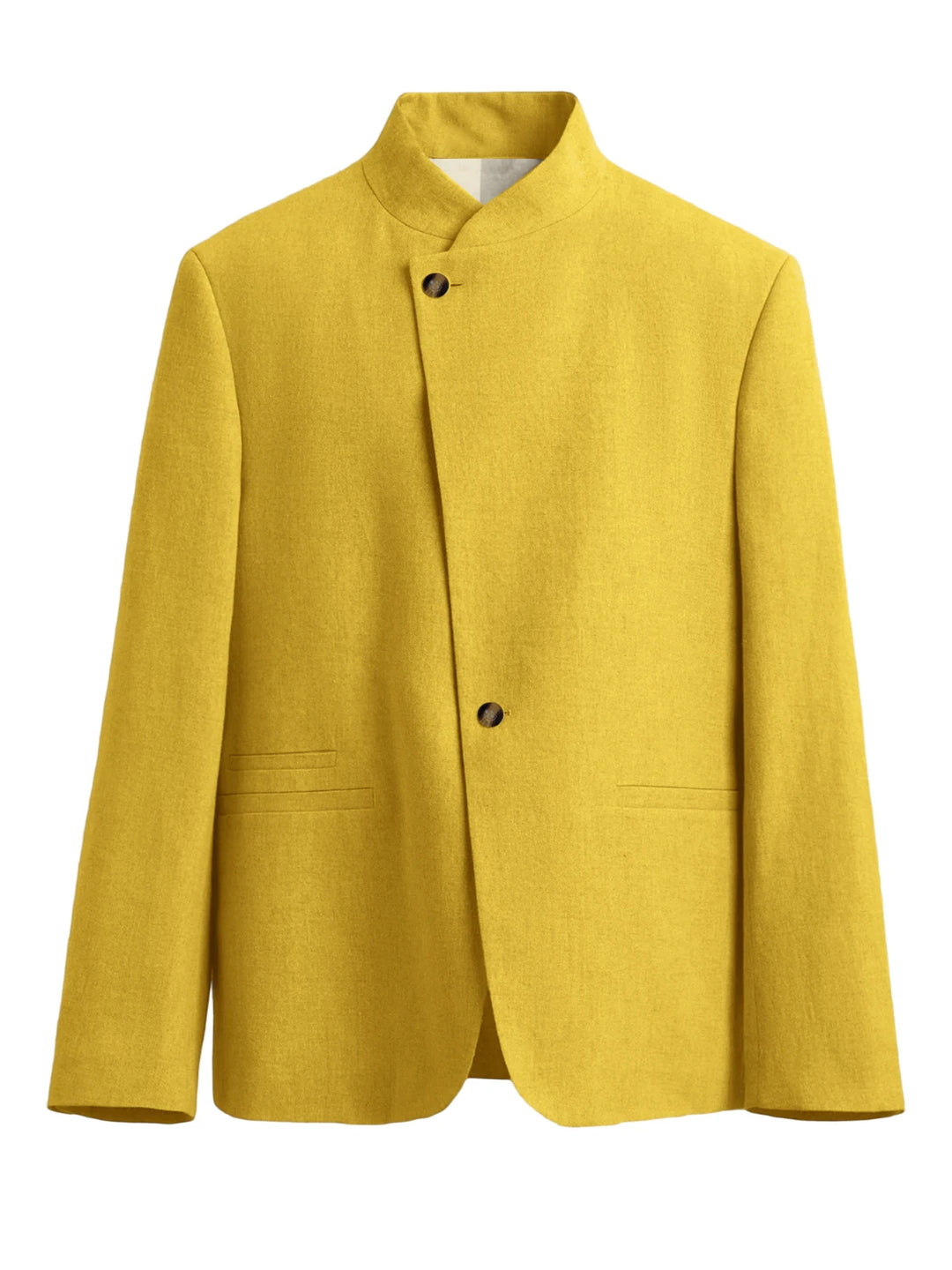 Yellow mandarin collar blazer with asymmetric button front