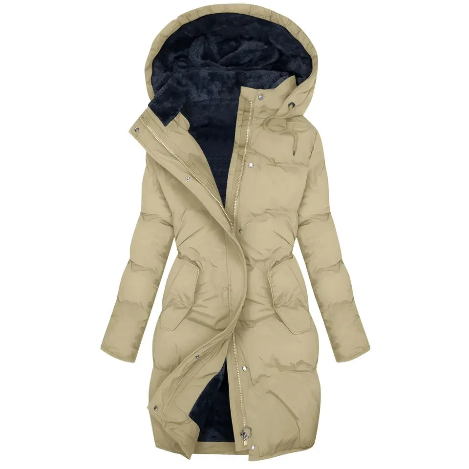 Beige quilted hooded puffer coat