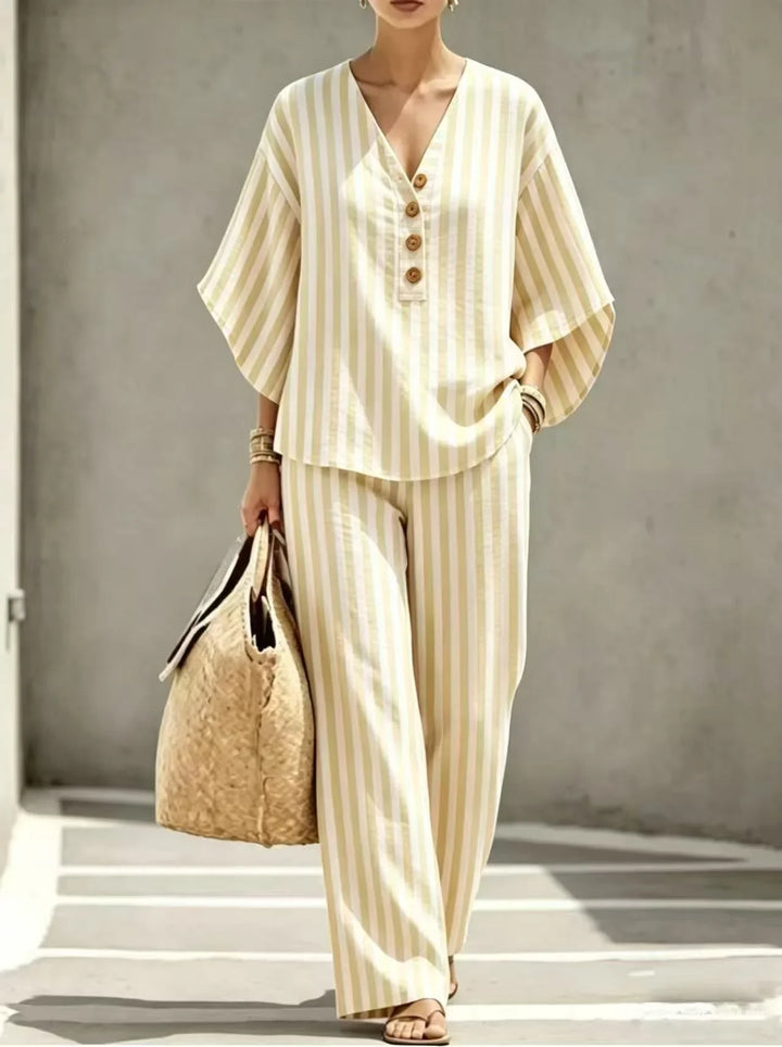 Odessa  Striped Short Sleeve Button Front Pants Set