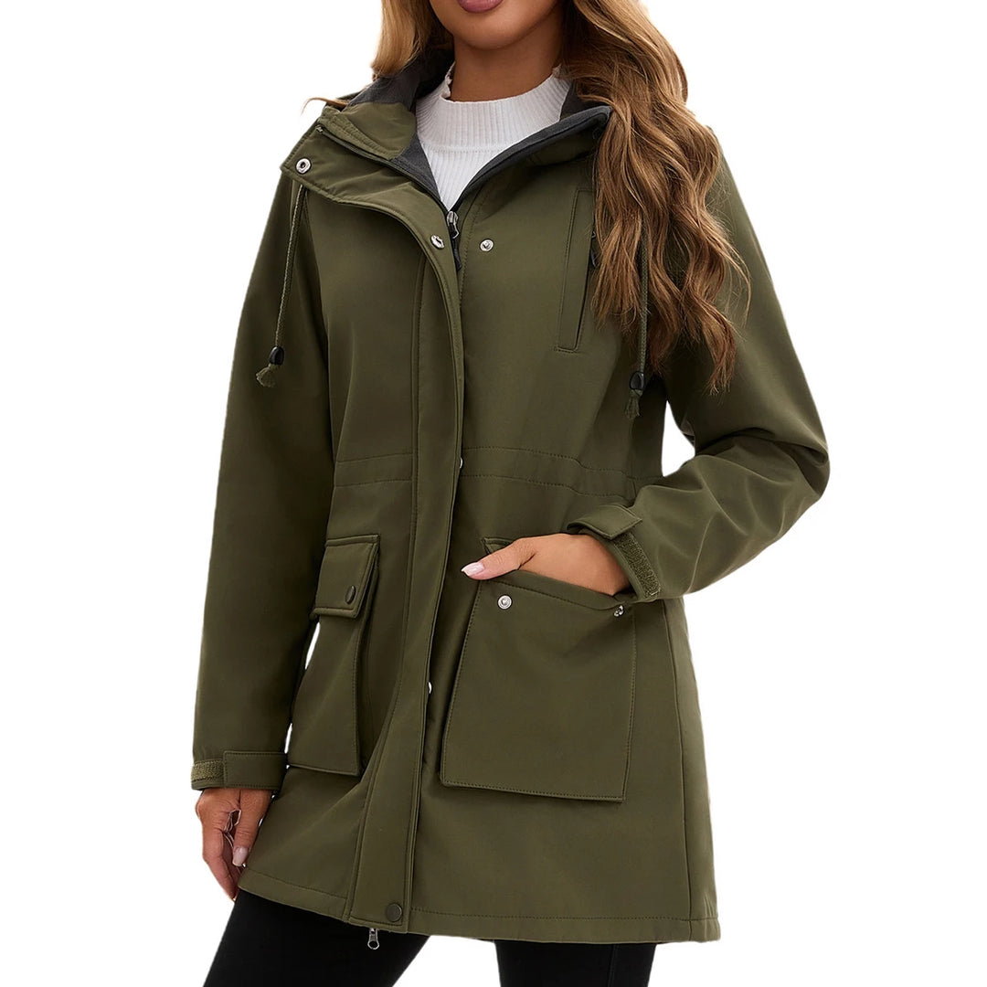 Army green rain jacket front view with hood and pockets
