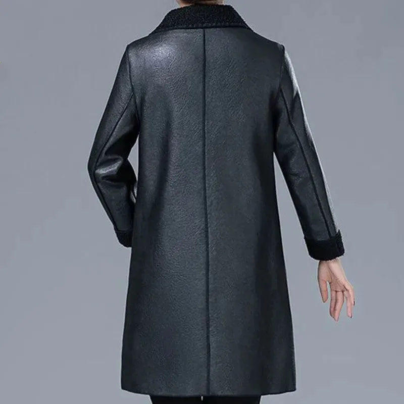 Black faux leather jacket with shearling cuffs, back view