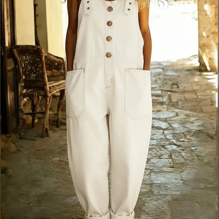 White denim button front overalls with oversized patch pockets