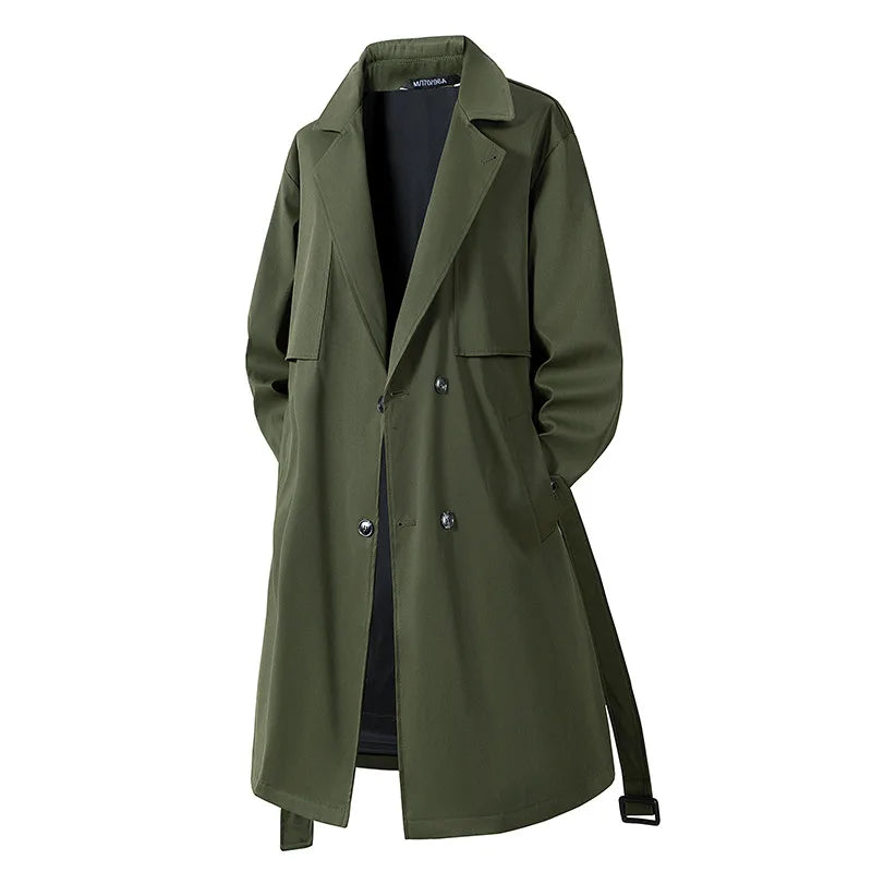 Army green double-breasted trench coat front view