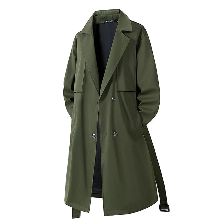 Army green double-breasted trench coat front view