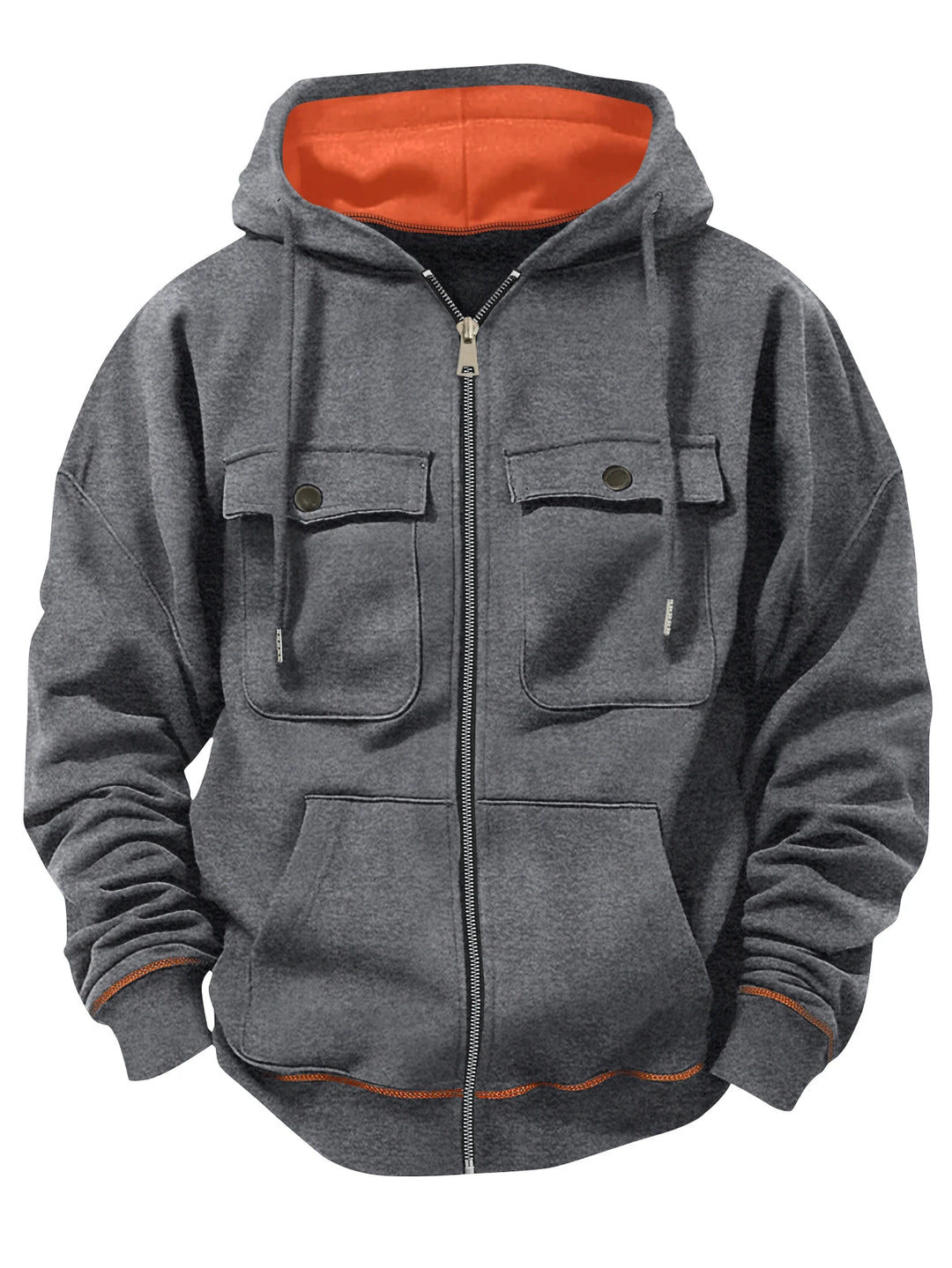 Dark gray zip-up hoodie with flap pockets, front view