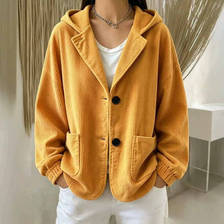 Mustard yellow hooded corduroy jacket with front pockets