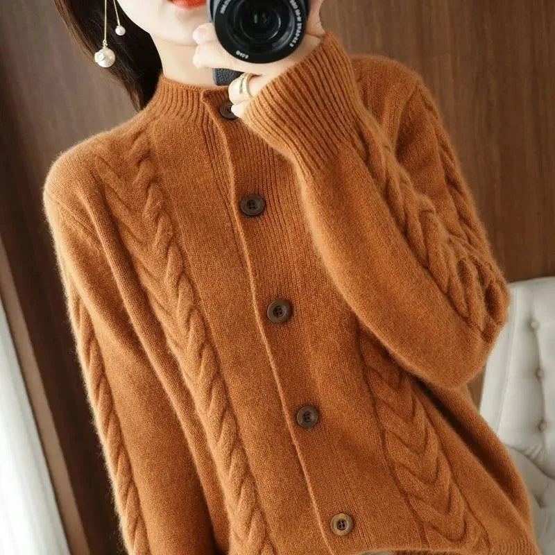 Caramel cable knit cardigan with stand collar, front view