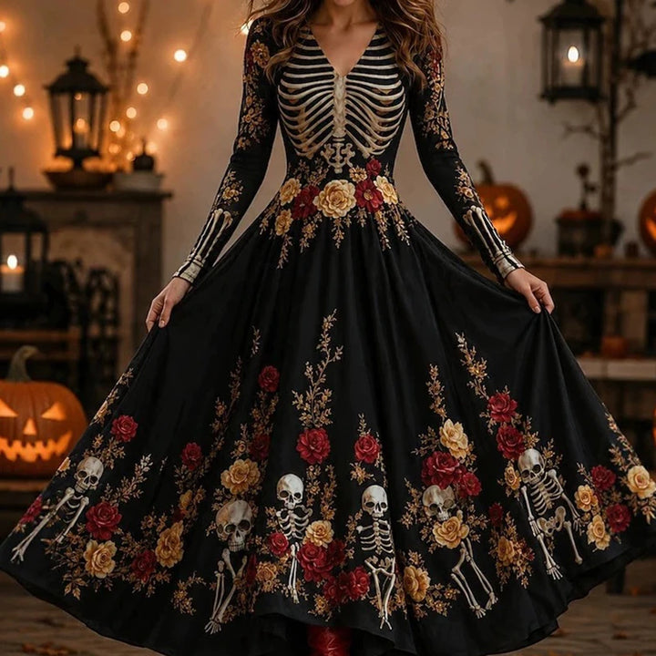 Full length view of black maxi dress with skeleton and floral print flowing skirt