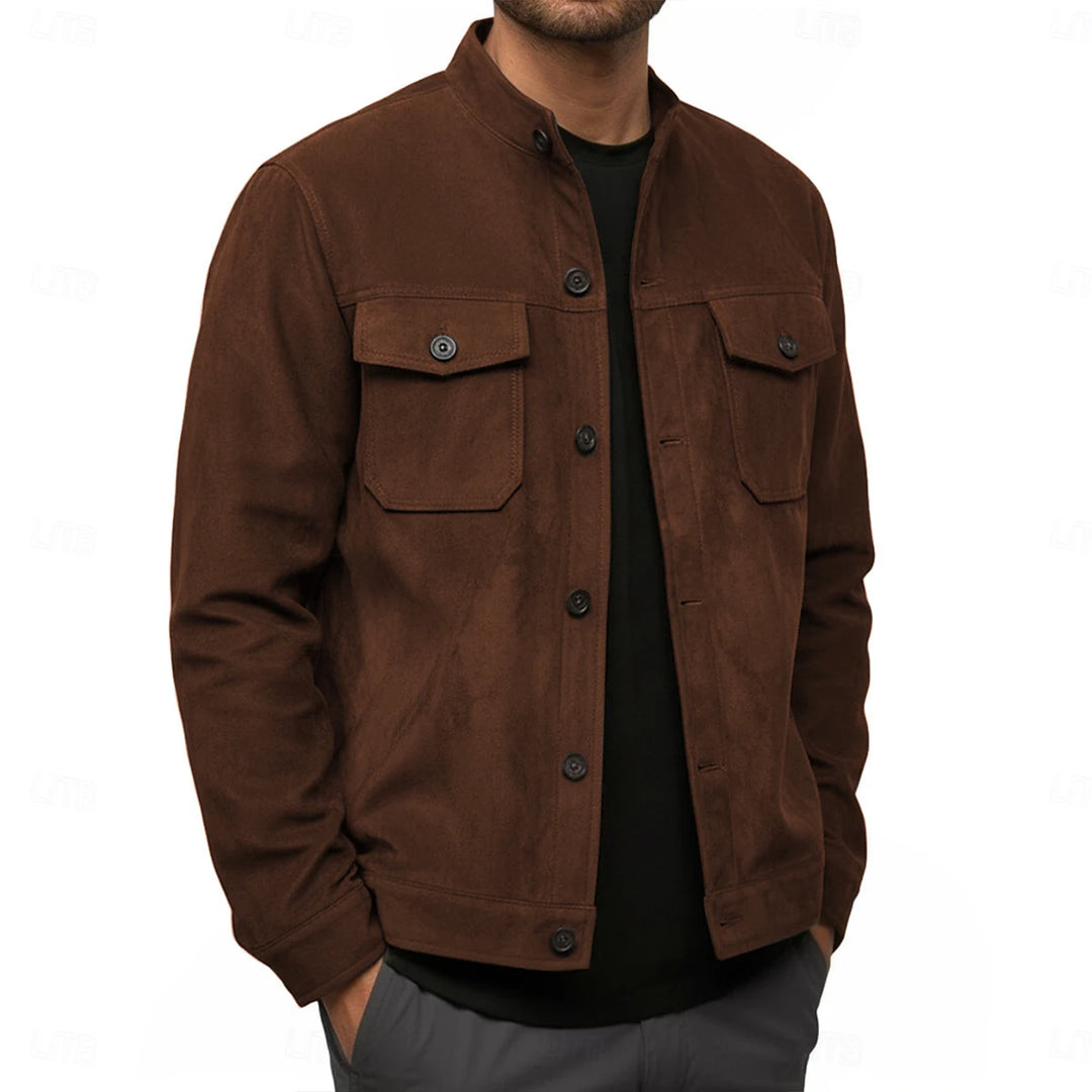 Man wearing dark brown suede-look shirt jacket with stand collar