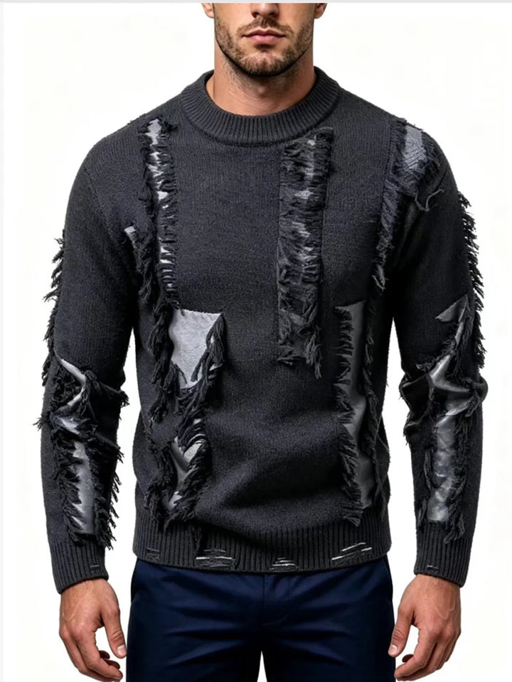 Dark grey distressed knit pullover with faux leather accents, front view
