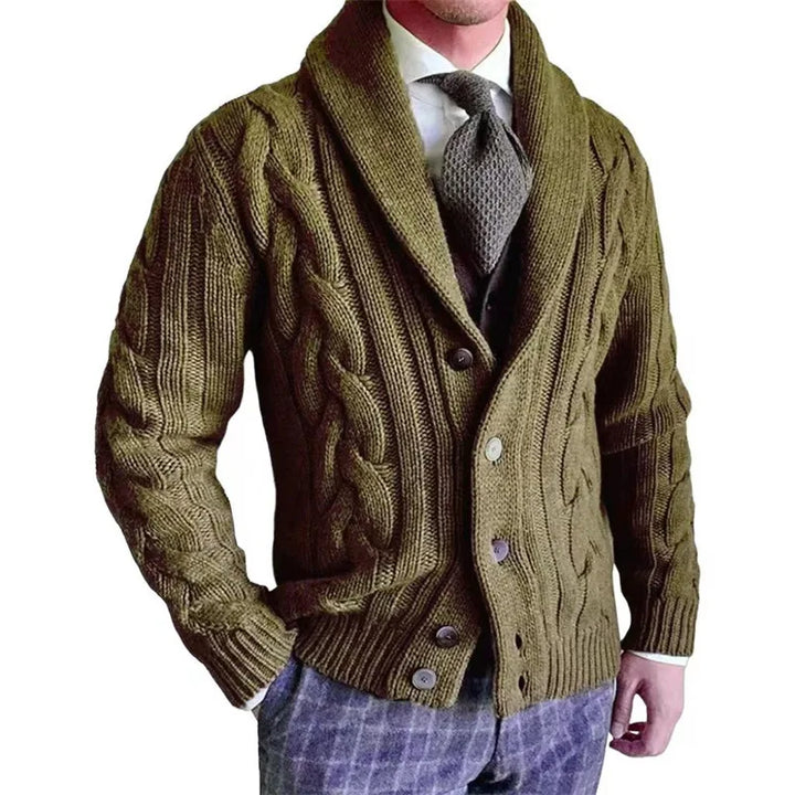 Olive green cable knit shawl collar cardigan on model