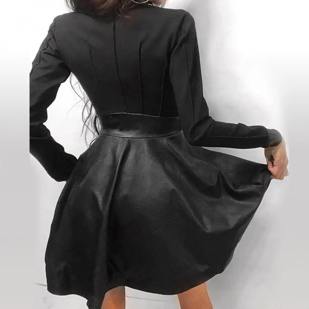 Back view of flared faux leather mini dress