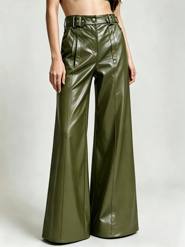 Army green faux leather wide leg pants with double buckle belt, front view
