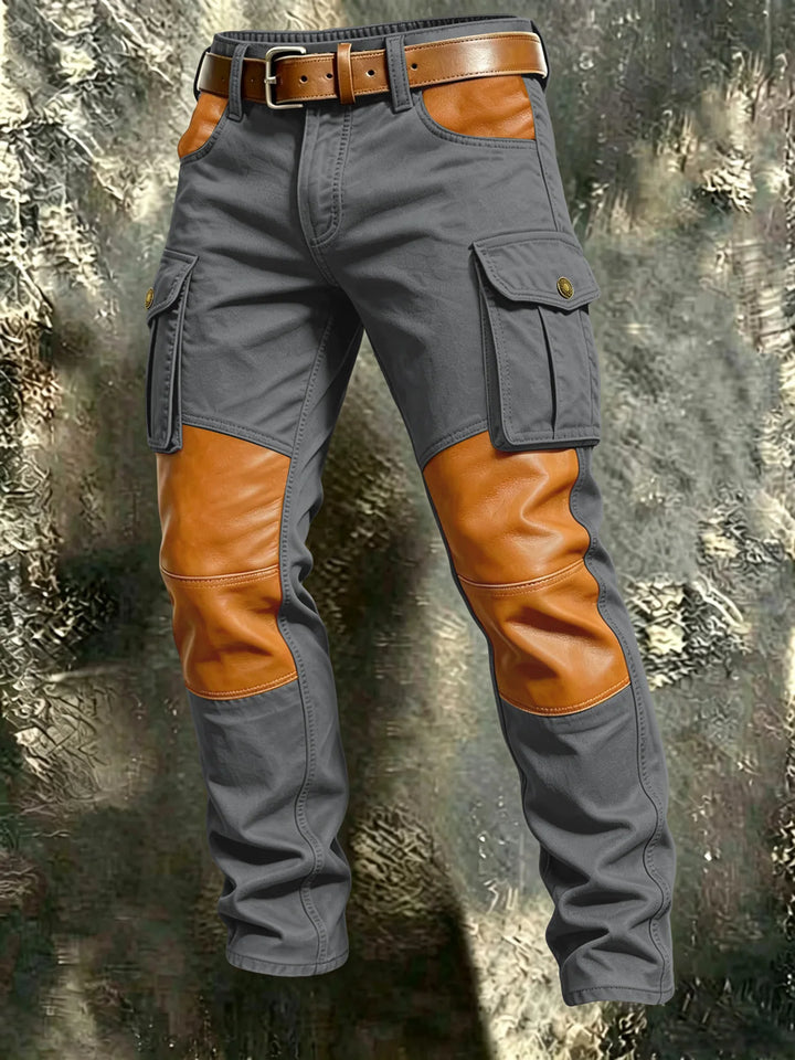 Gray cargo pants with faux leather knee and pocket panels