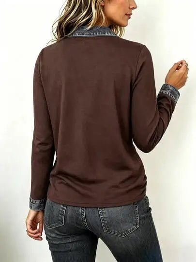 Back view of dark brown blouse with denim collar