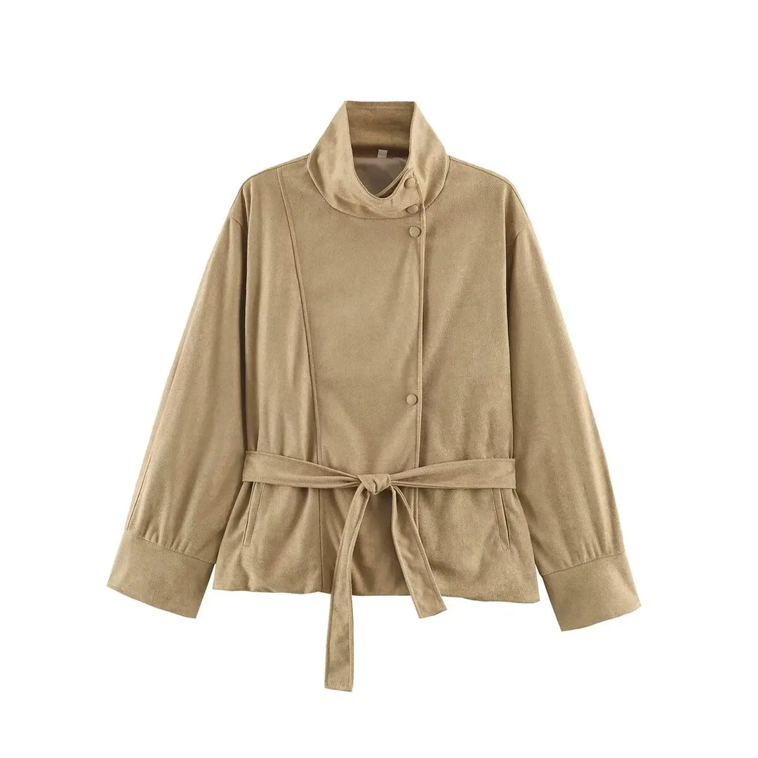Khaki suede-look belted jacket flat lay front view