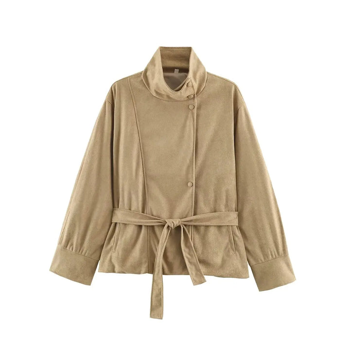 Khaki suede-look belted jacket flat lay front view