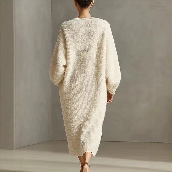 Back view of creamy-white bouclé knit maxi dress