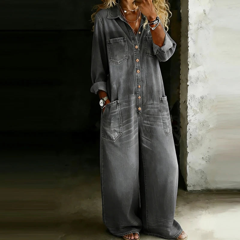 Grey denim jumpsuit with button front and pockets