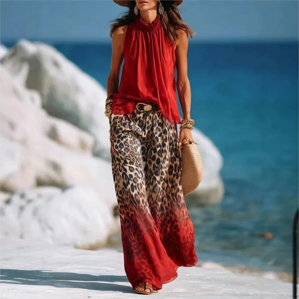 Zafrina Elegant Leopard Print Palazzo Set