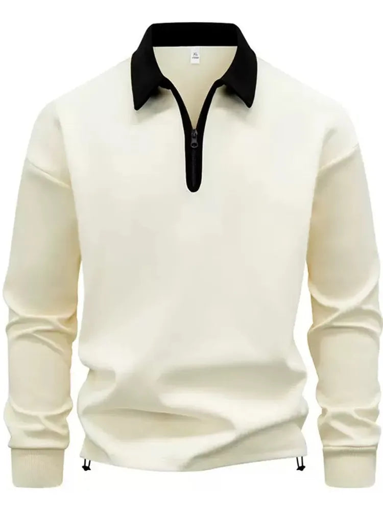 Beige quarter zip polo sweatshirt with black contrast collar, front view