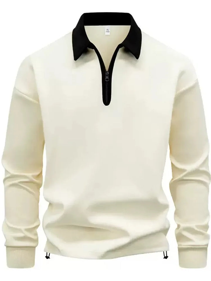 Beige quarter zip polo sweatshirt with black contrast collar, front view