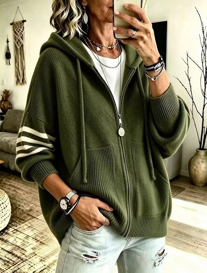 Army green zip-up knit hoodie with striped sleeve panel