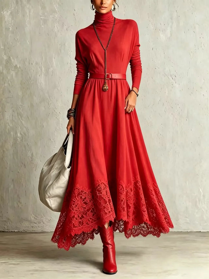 Woman wearing red turtleneck maxi dress with lace hem