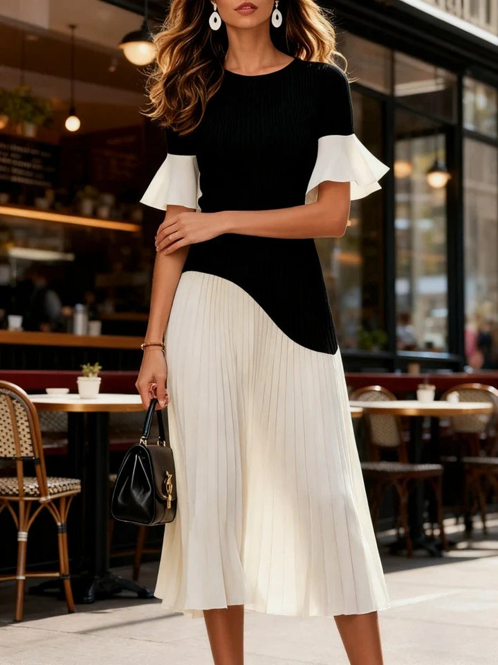 Elana Contrast Pleated Midi Dress