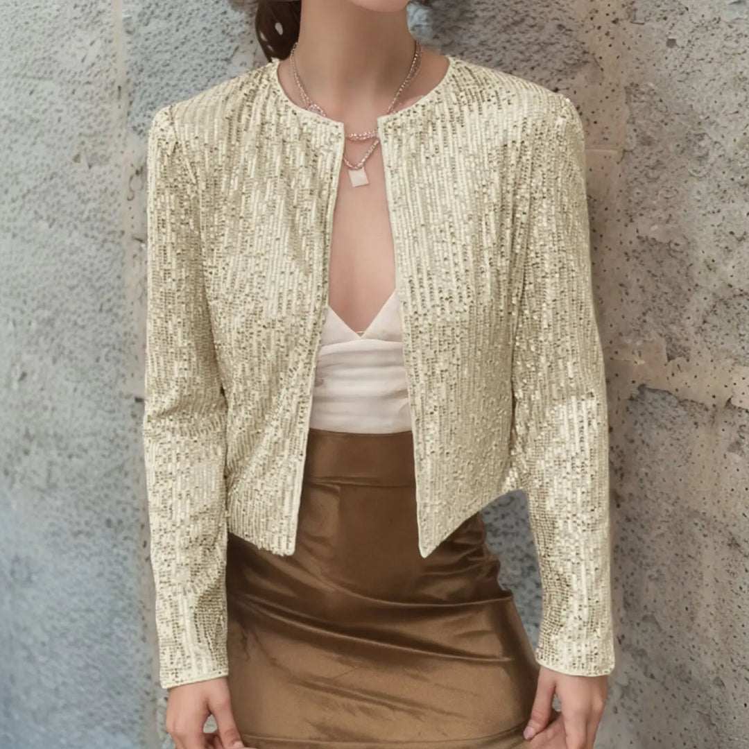 Champagne sequin cropped jacket, front view