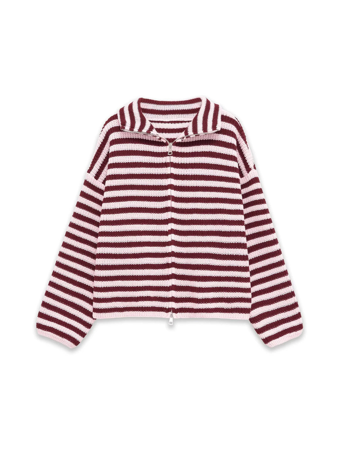Pink and burgundy striped knit zip-front cardigan