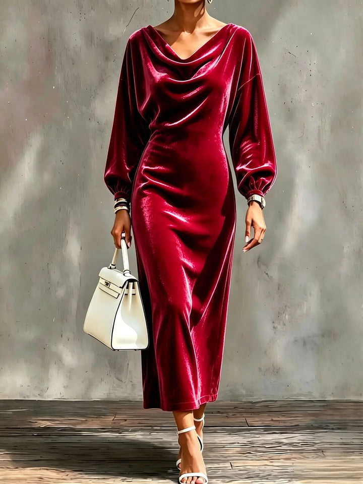 Burgundy velvet midi dress with draped cowl neckline and balloon sleeves, front view