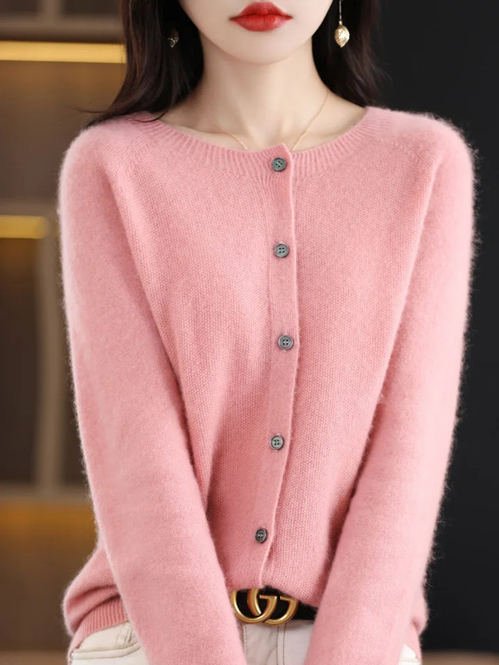 Pink button front knit cardigan with belt