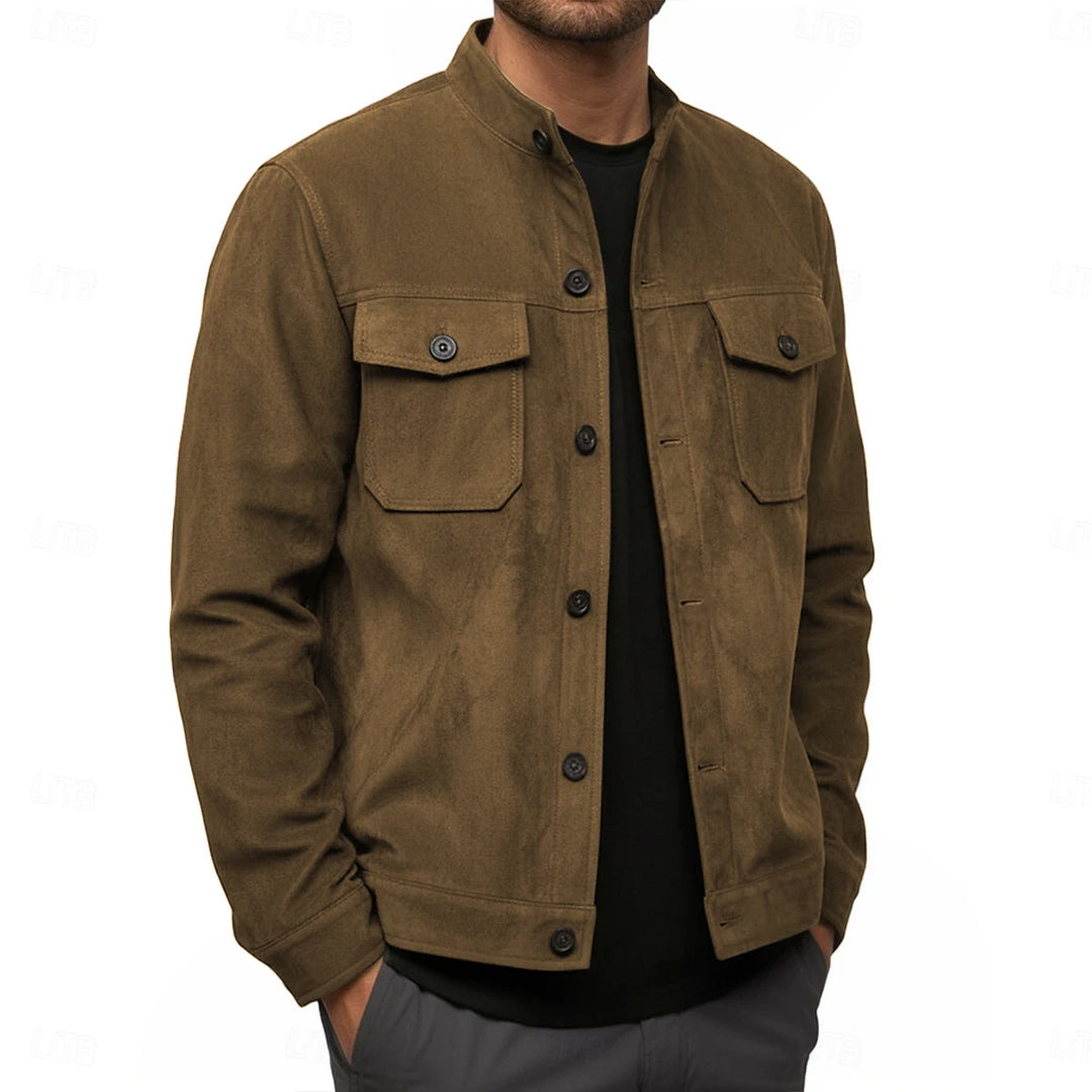 Man wearing olive brown suede-look shirt jacket with stand collar, unbuttoned view